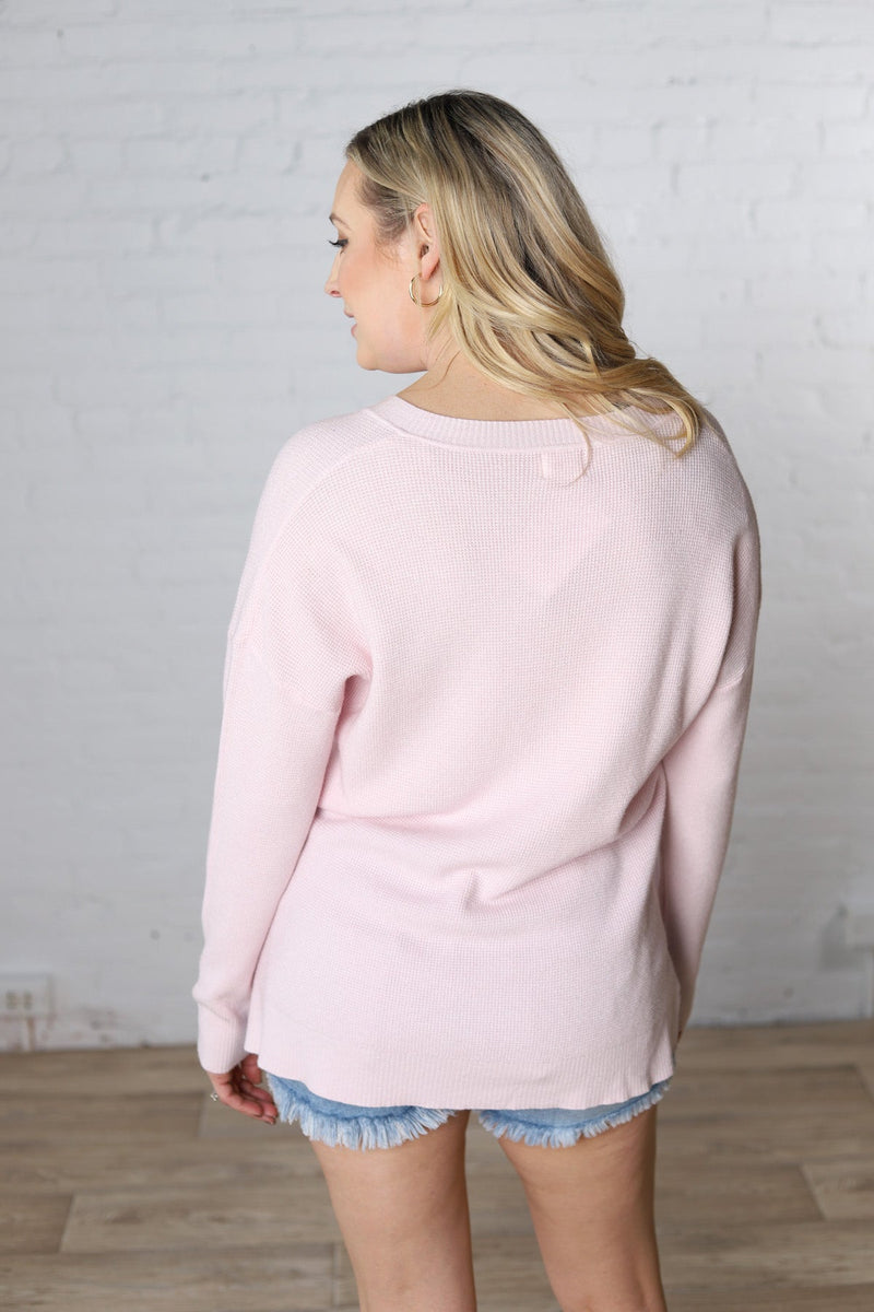 Charlotte Waffle Knit Pullover - Heather Pale Pink