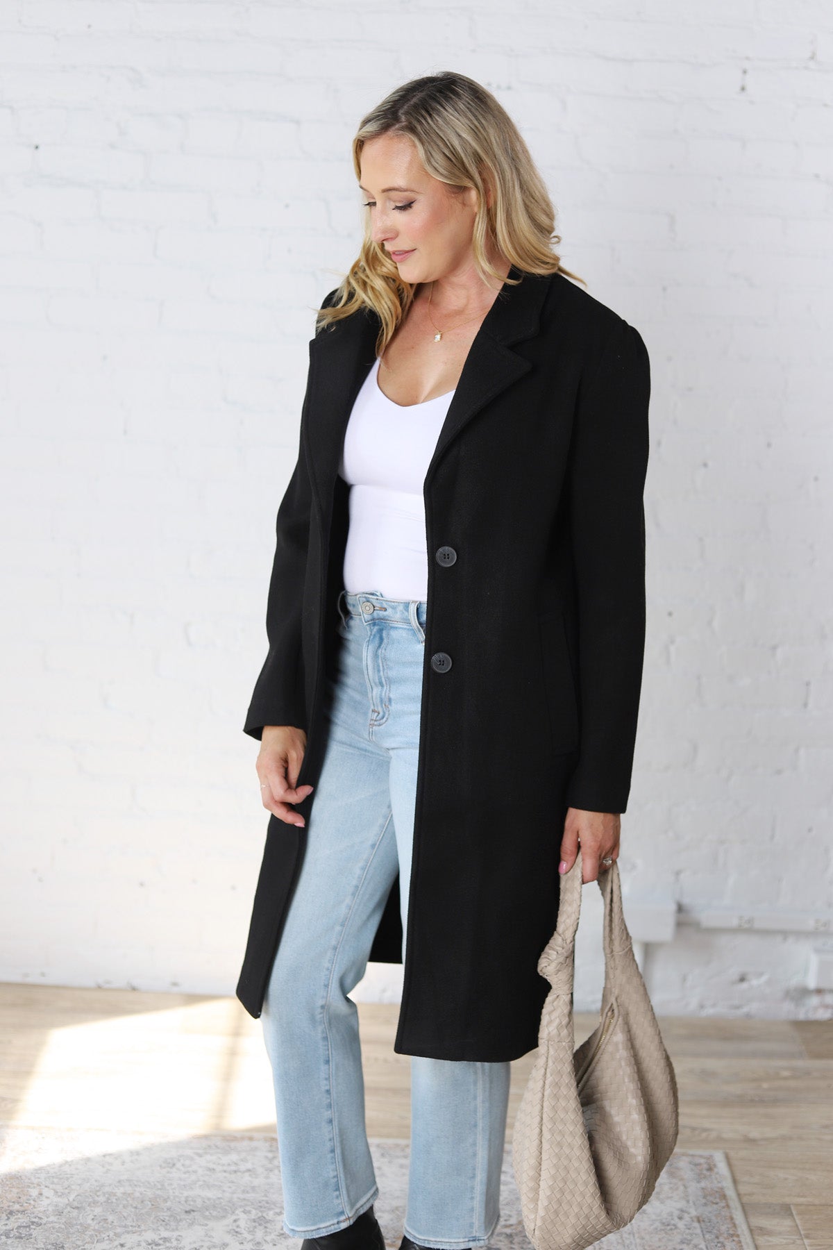 Cheri Notched Lapel Button Down Coat - Black