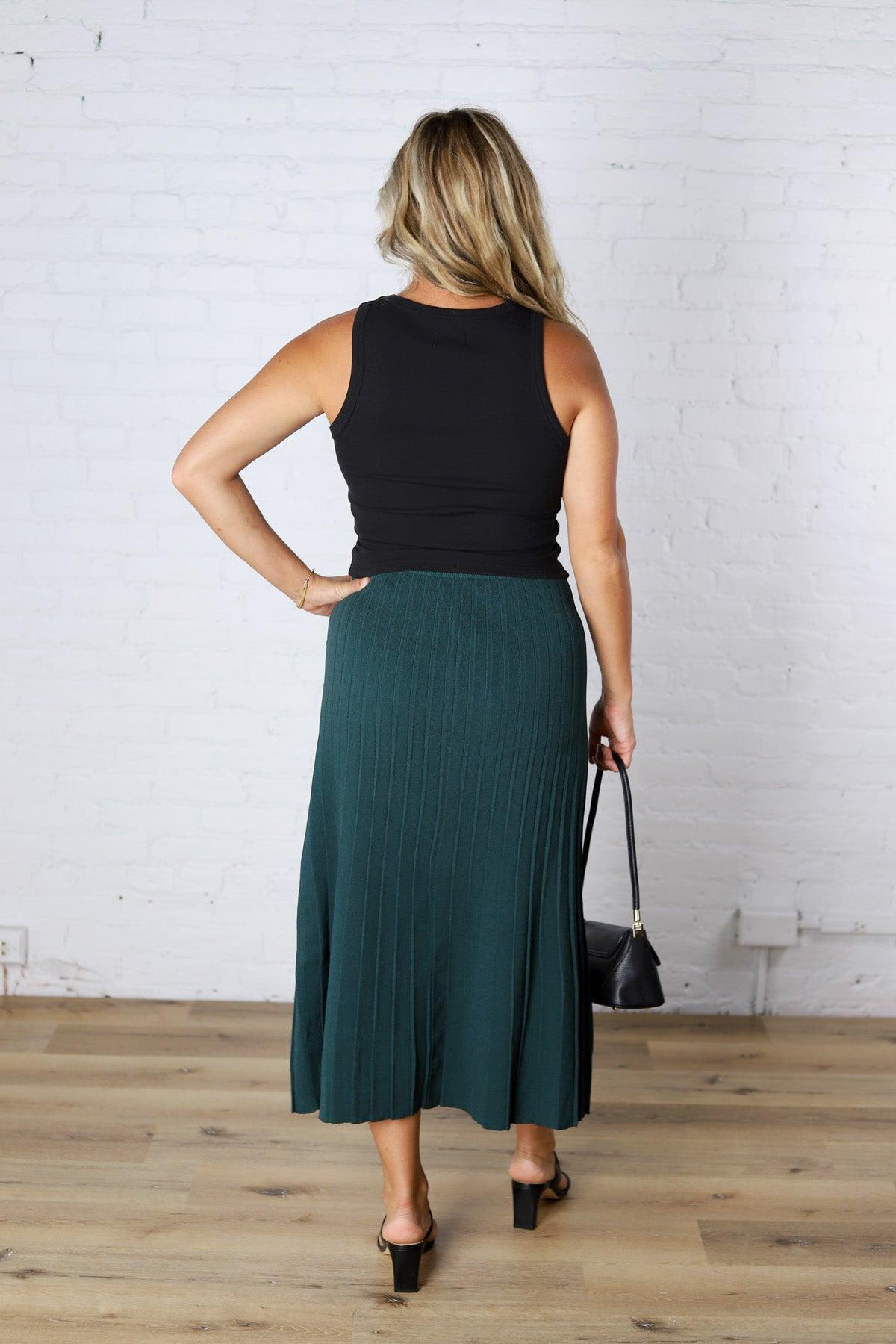 Cielle High-Waisted Pleated Midi Skirt - Deep Green