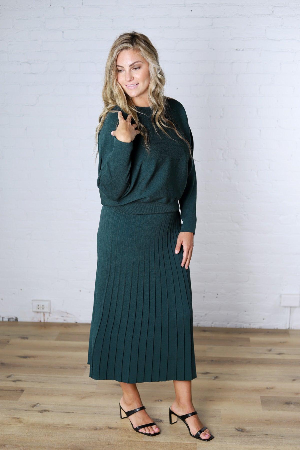 Cielle High-Waisted Pleated Midi Skirt - Deep Green