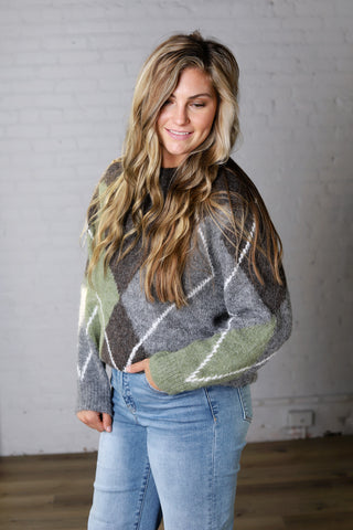 Clea Argyle Crewneck Sweater - Brown Multi