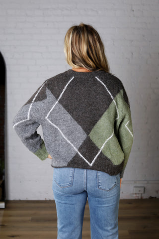 Clea Argyle Crewneck Sweater - Brown Multi