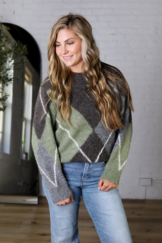 Clea Argyle Crewneck Sweater - Brown Multi