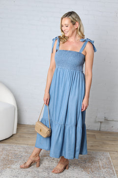 Collete Chambray Smocked Tie Strap Maxi Dress - Chambray FINAL SALE
