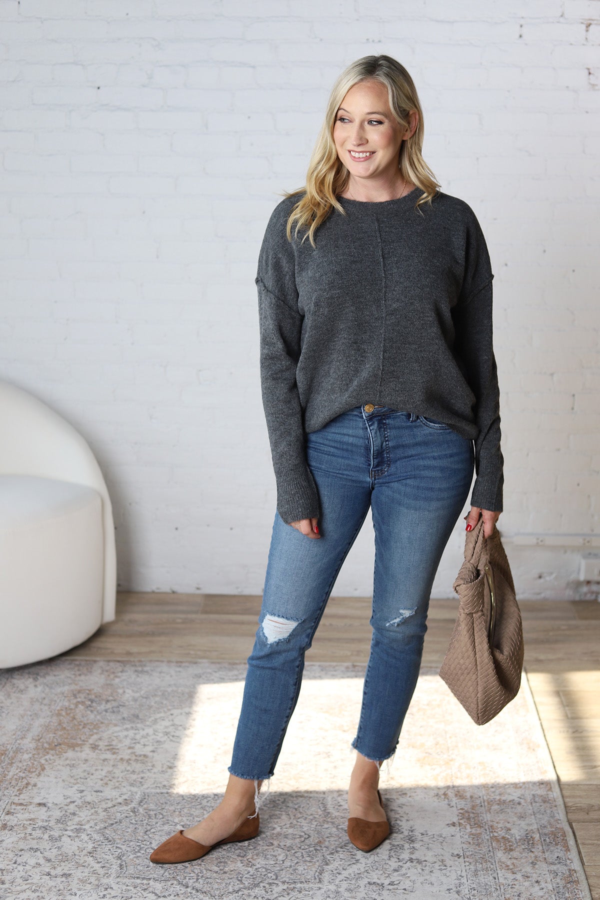 Cosette Front Seam Crewneck Sweater - Charcoal