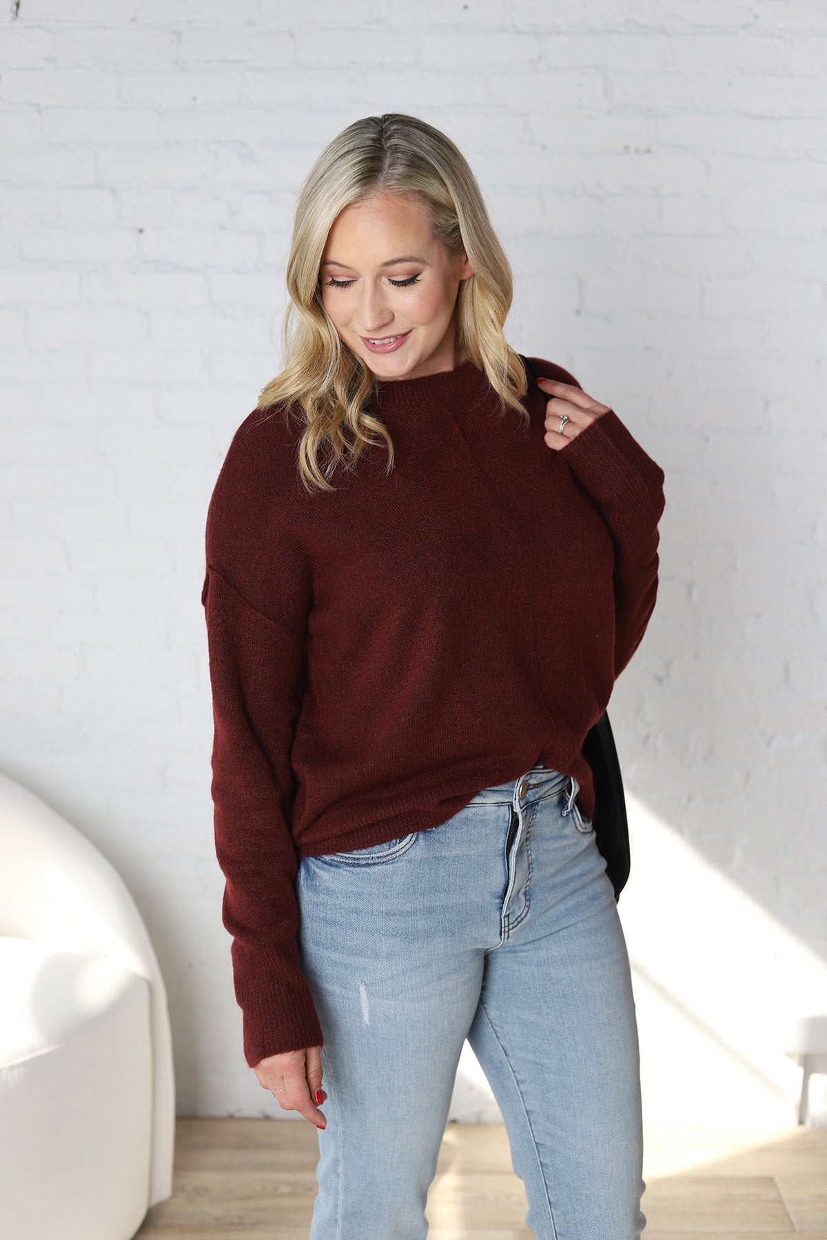 Cosette Front Seam Crewneck Sweater - Oxblood