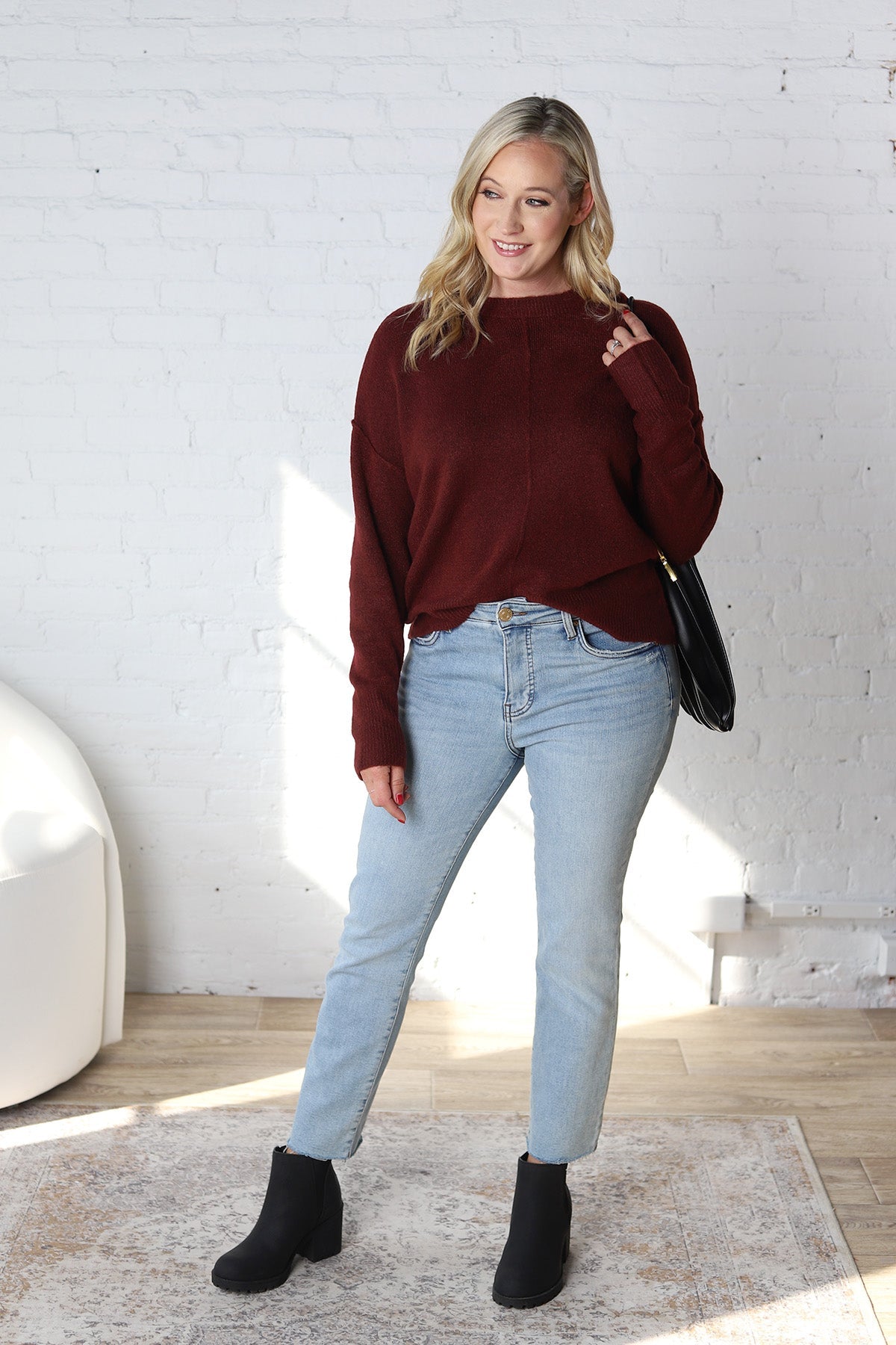 Cosette Front Seam Crewneck Sweater - Oxblood