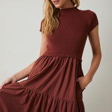 Covea Mock Neck Knit & Woven Mix Tiered Midi Dress