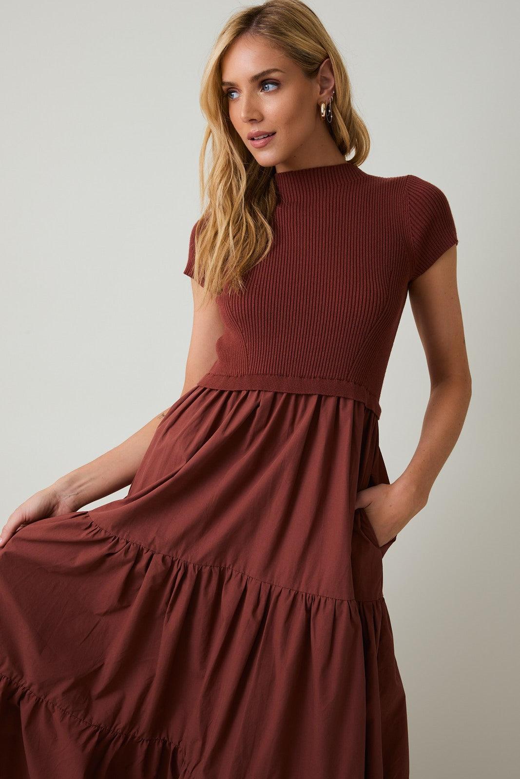 Covea Mock Neck Knit & Woven Mix Tiered Midi Dress