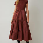 Covea Mock Neck Knit & Woven Mix Tiered Midi Dress