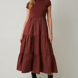 Covea Mock Neck Knit & Woven Mix Tiered Midi Dress