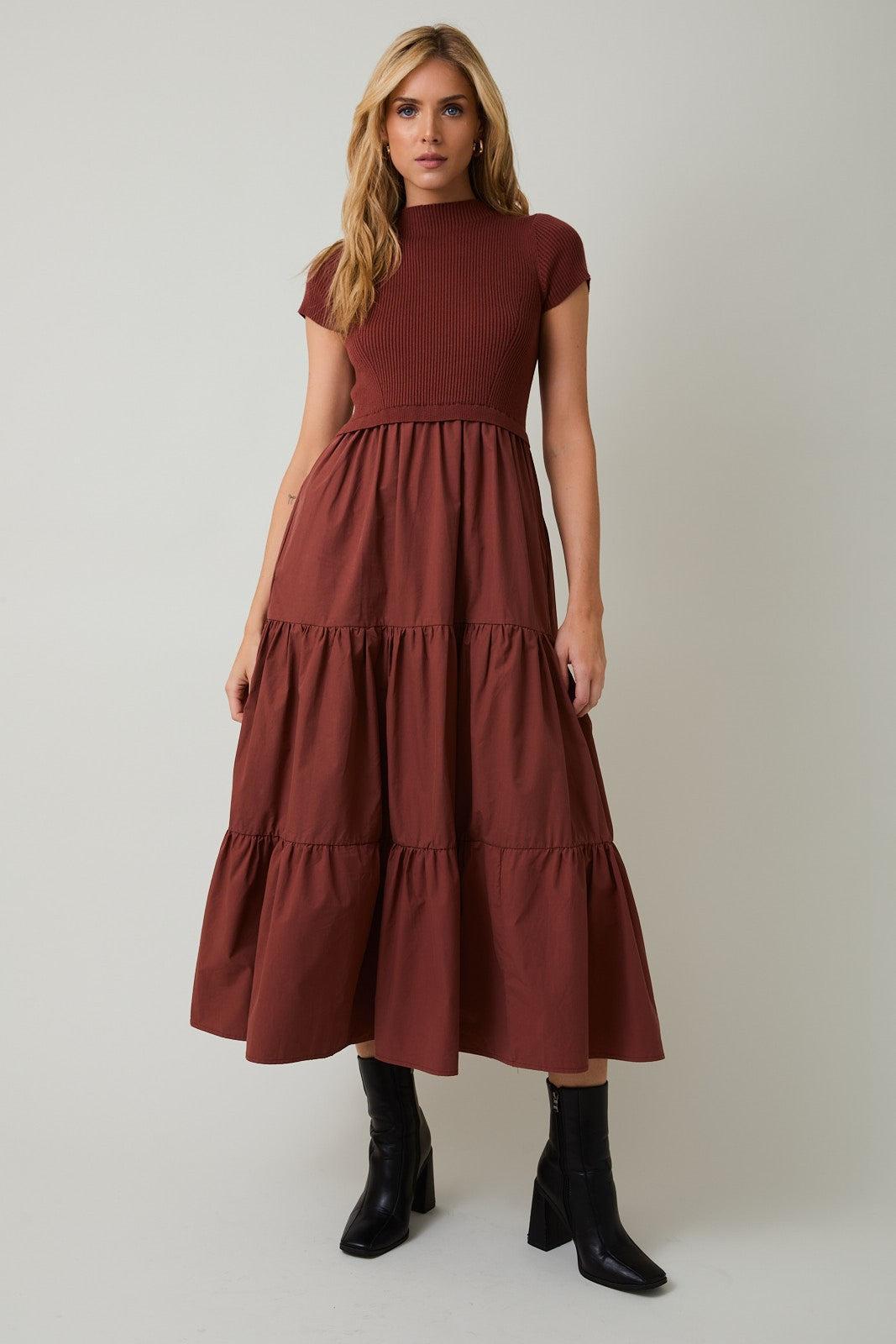 Covea Mock Neck Knit & Woven Mix Tiered Midi Dress