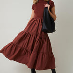 Covea Mock Neck Knit & Woven Mix Tiered Midi Dress