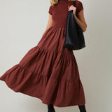 Covea Mock Neck Knit & Woven Mix Tiered Midi Dress