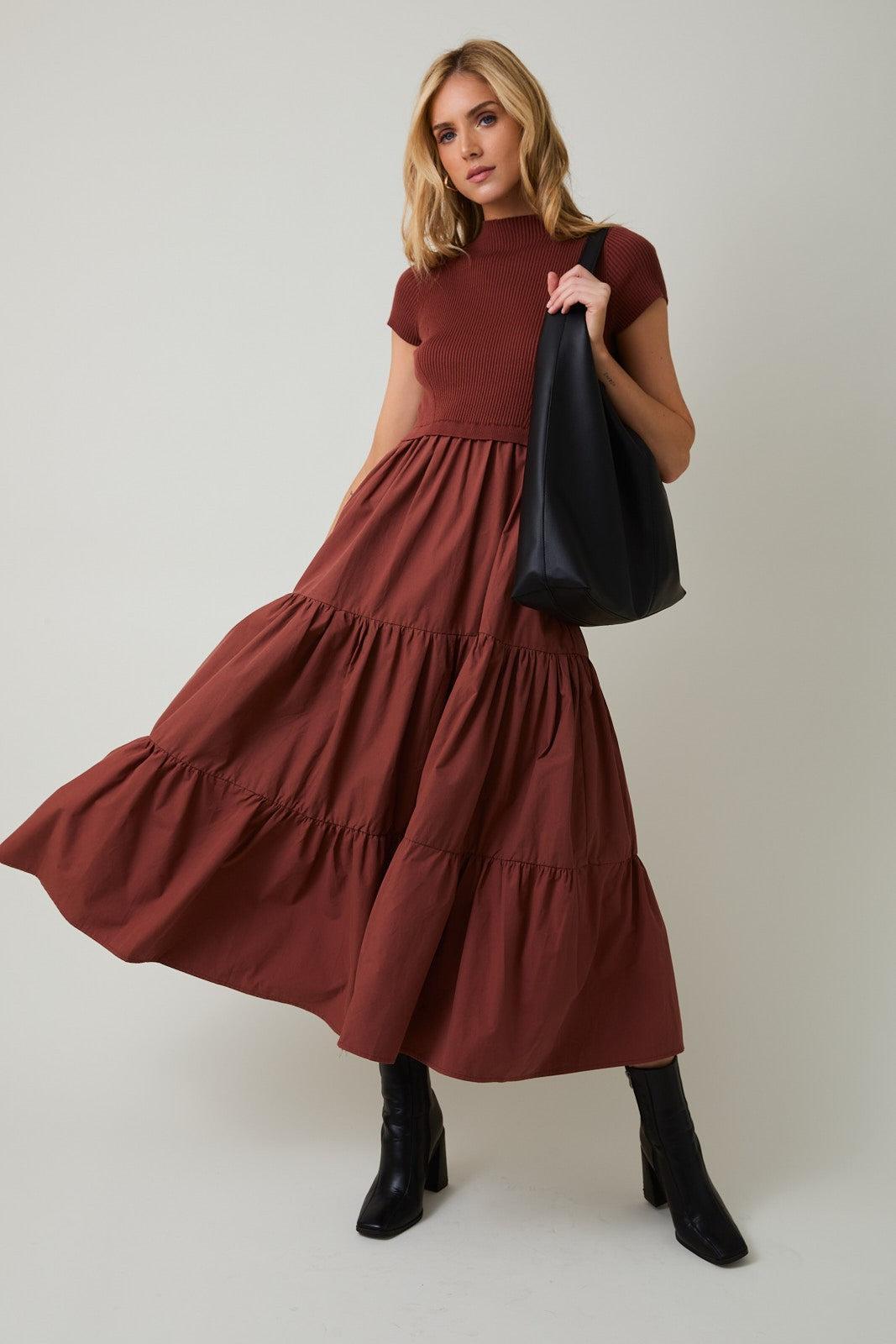 Covea Mock Neck Knit & Woven Mix Tiered Midi Dress