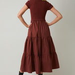 Covea Mock Neck Knit & Woven Mix Tiered Midi Dress
