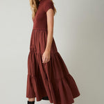 Covea Mock Neck Knit & Woven Mix Tiered Midi Dress