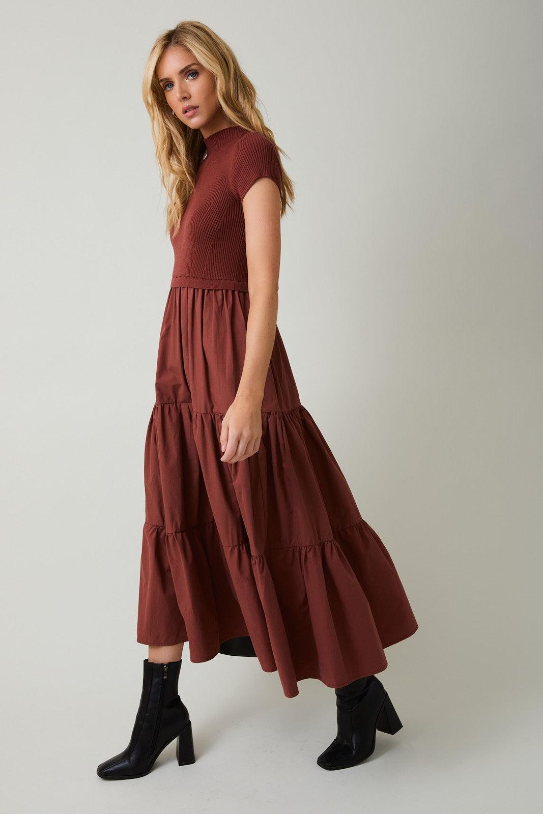 Covea Mock Neck Knit & Woven Mix Tiered Midi Dress
