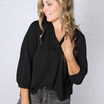 Cyrilla Pleated Neckline Blouse - Black FINAL SALE