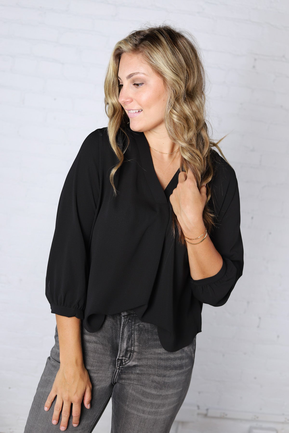 Cyrilla Pleated Neckline Blouse - Black FINAL SALE