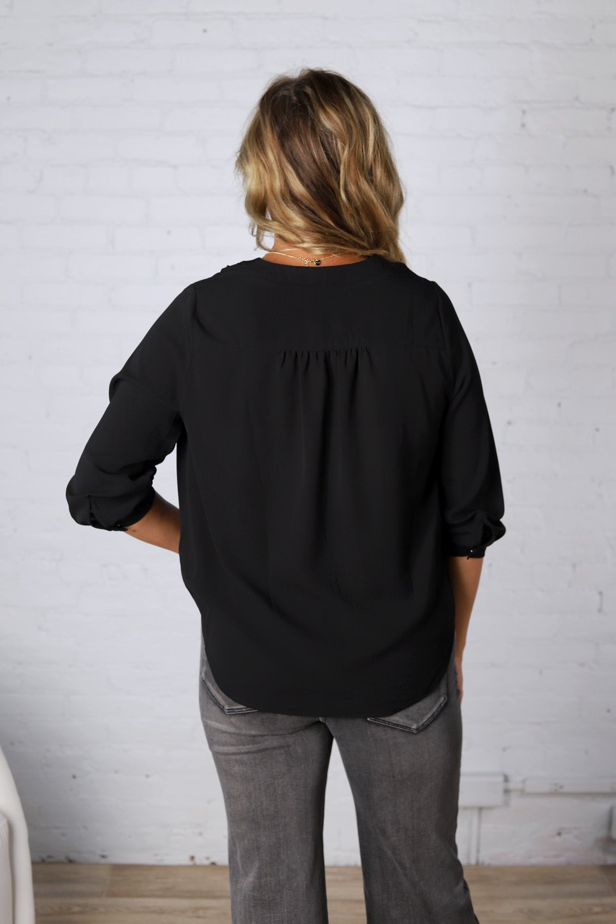 Cyrilla Pleated Neckline Blouse - Black FINAL SALE