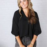 Cyrilla Pleated Neckline Blouse - Black FINAL SALE