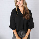 Cyrilla Pleated Neckline Blouse - Black FINAL SALE