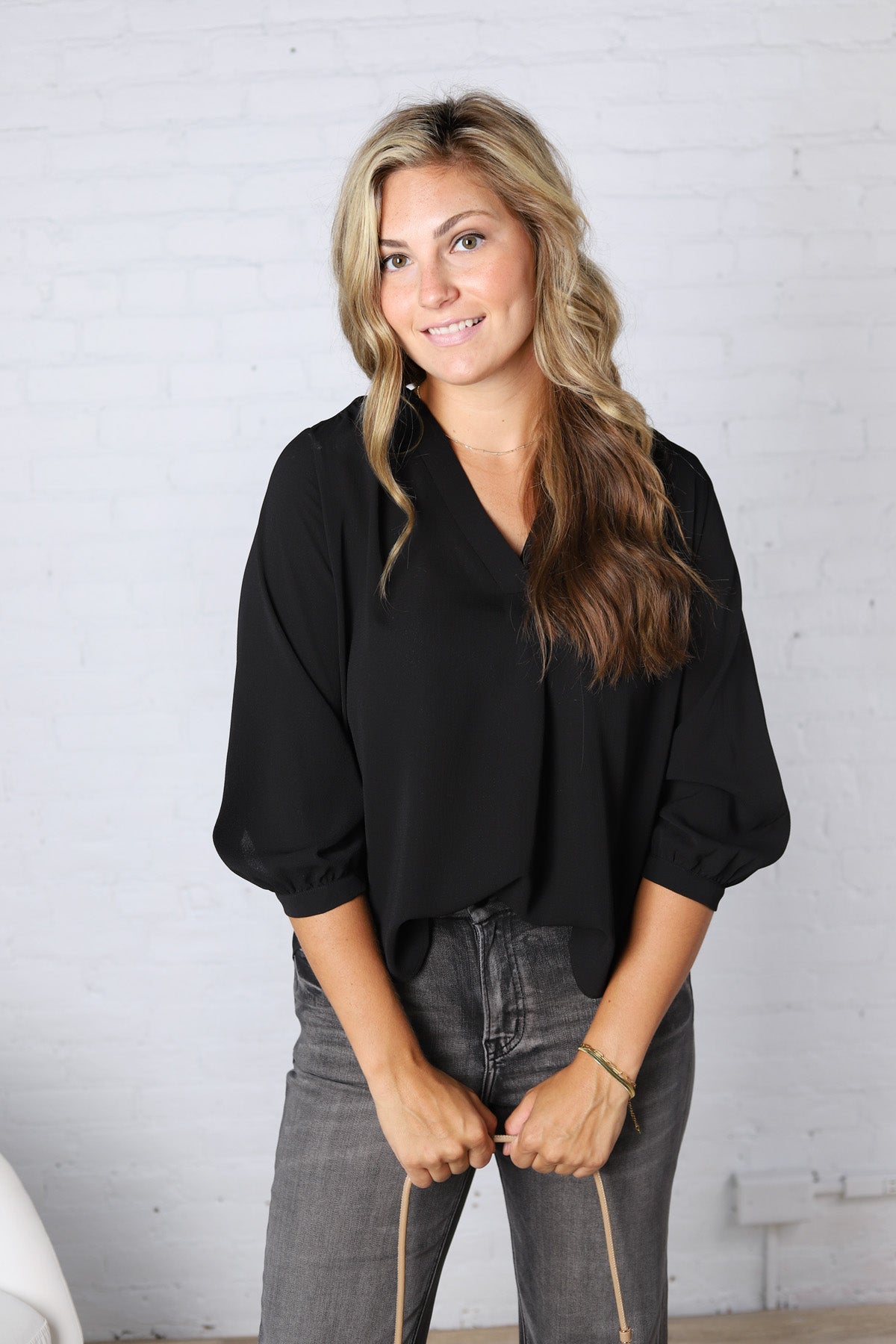 Cyrilla Pleated Neckline Blouse - Black FINAL SALE