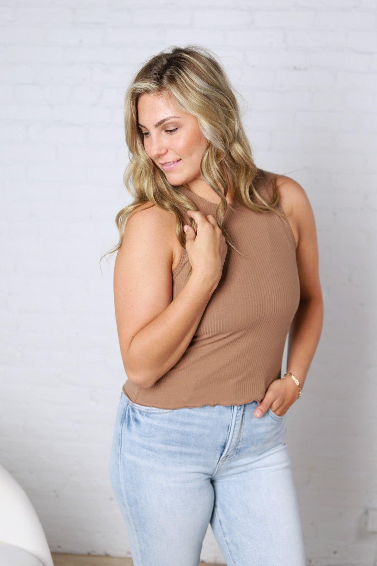 Dani Ribbed Scoop Neck Tank Top - Chocolate
