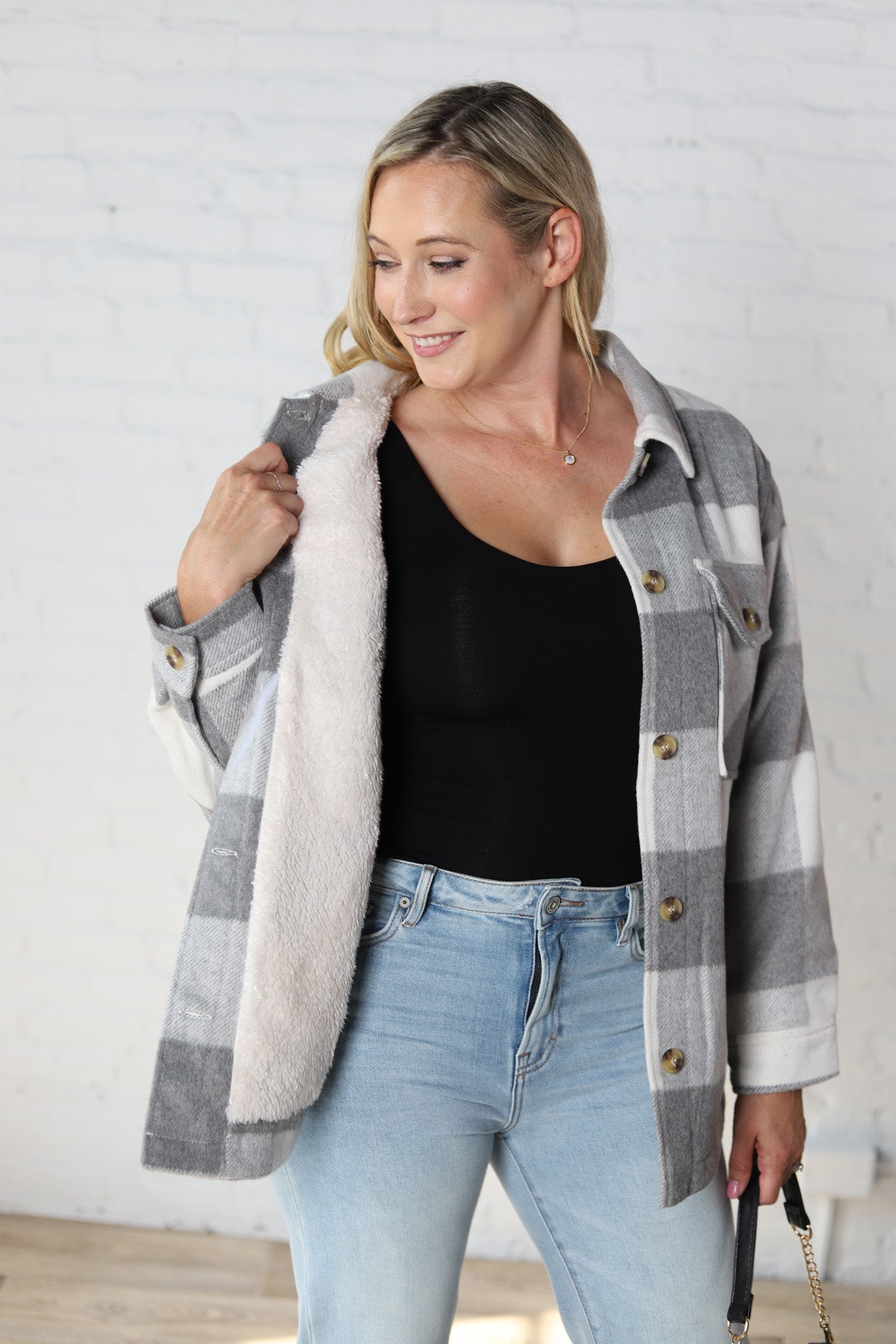 Danna Plaid Button Down Jacket - Grey