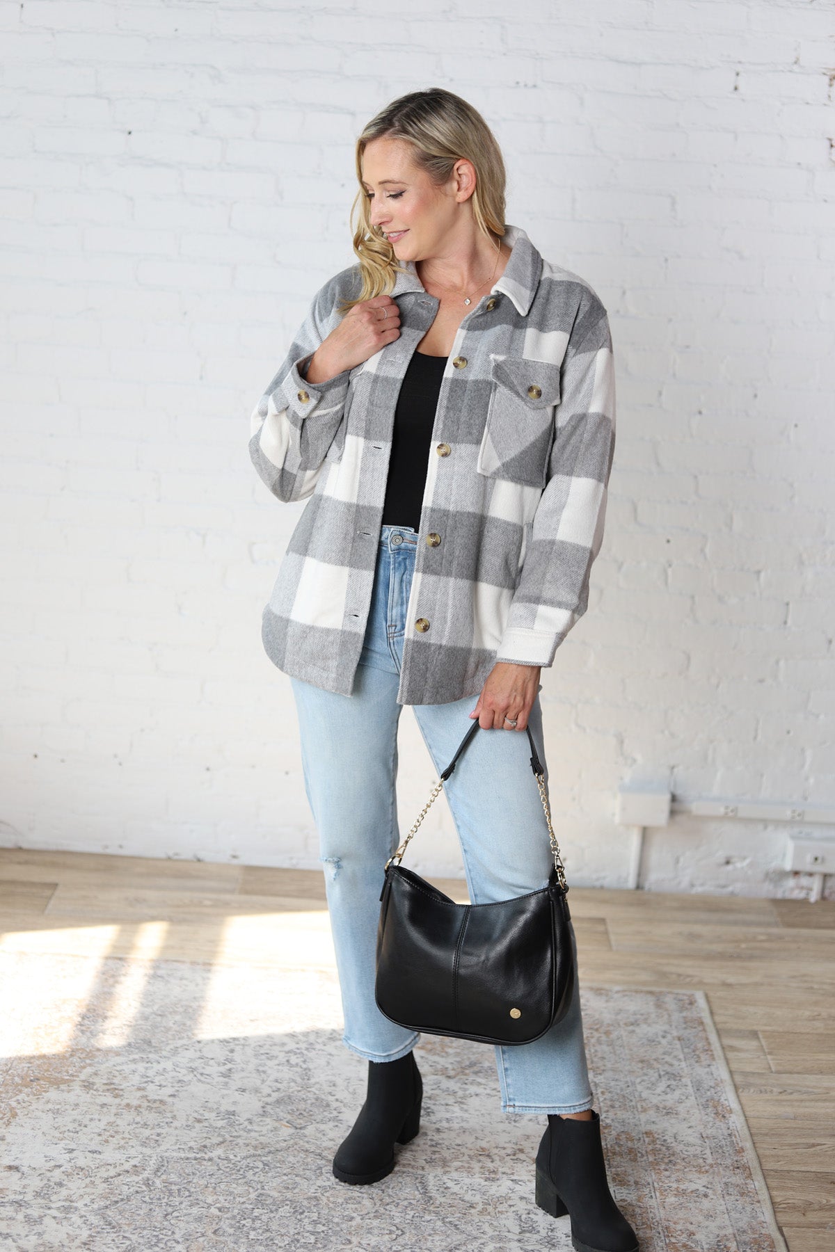 Danna Plaid Button Down Jacket - Grey