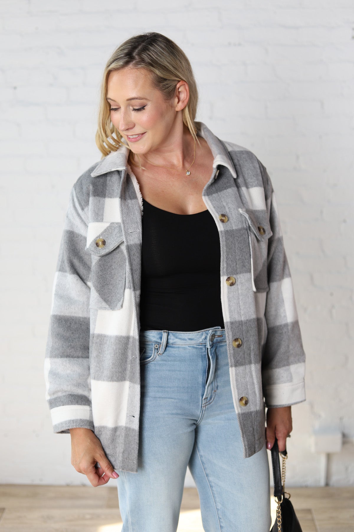 Danna Plaid Button Down Jacket - Grey