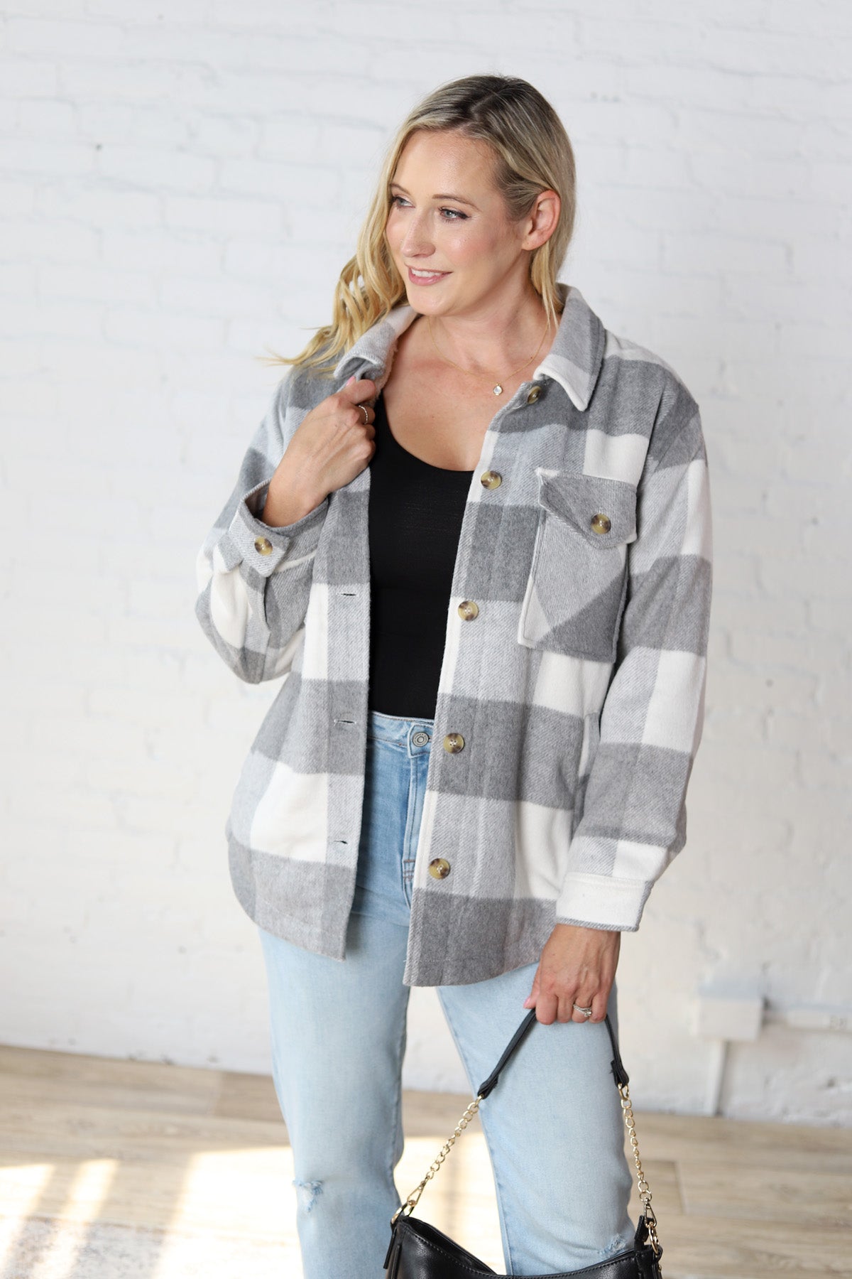 Danna Plaid Button Down Jacket - Grey