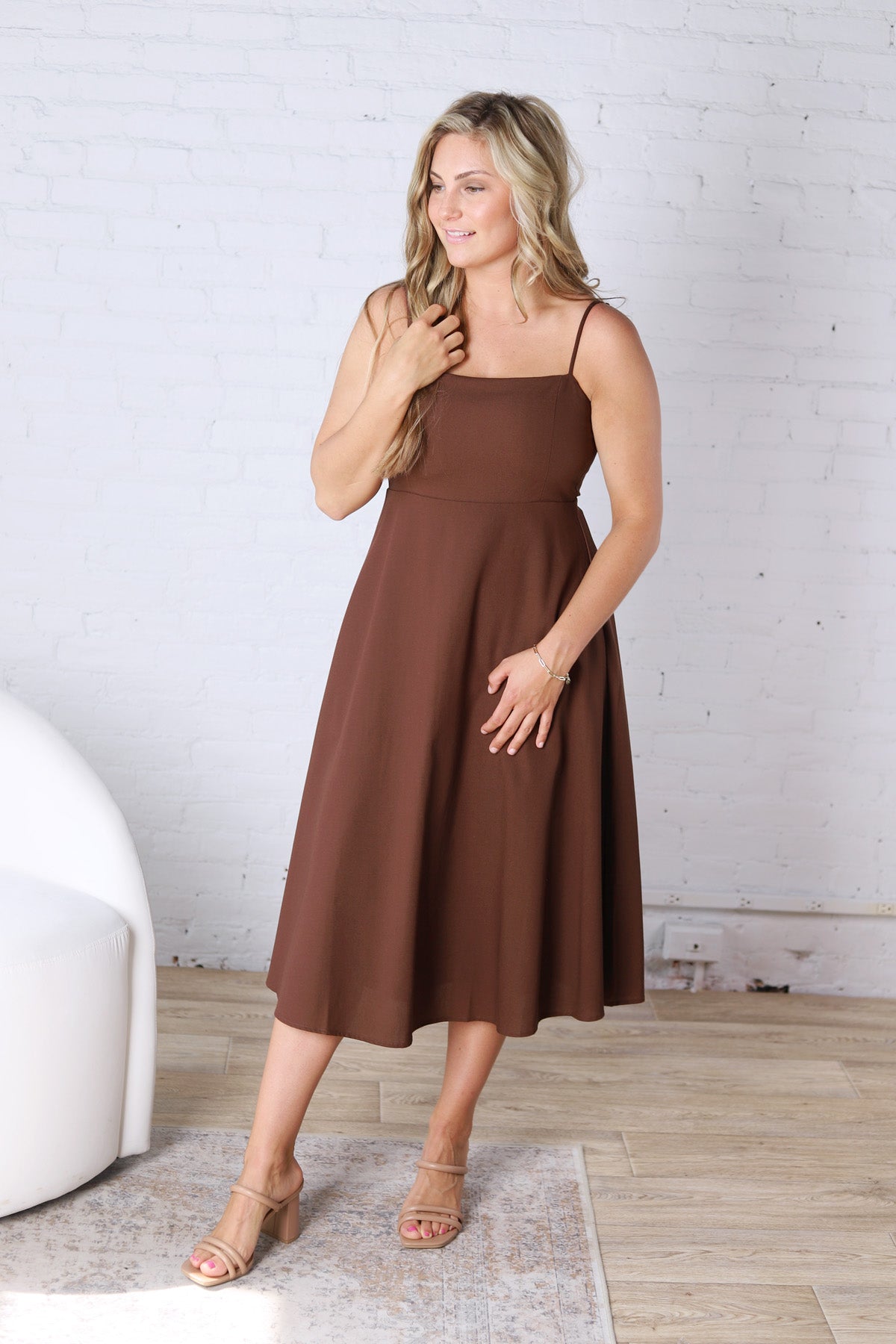 Daphne Linen Flared Midi Dress - Brown