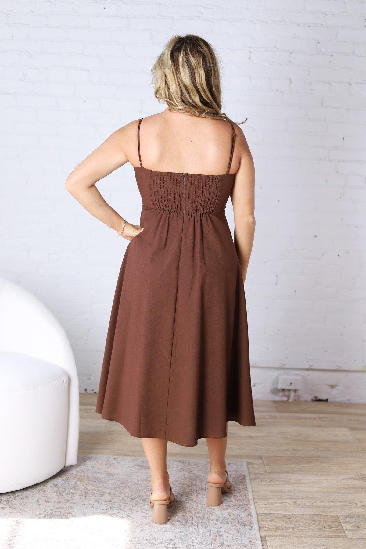 Daphne Linen Flared Midi Dress - Brown