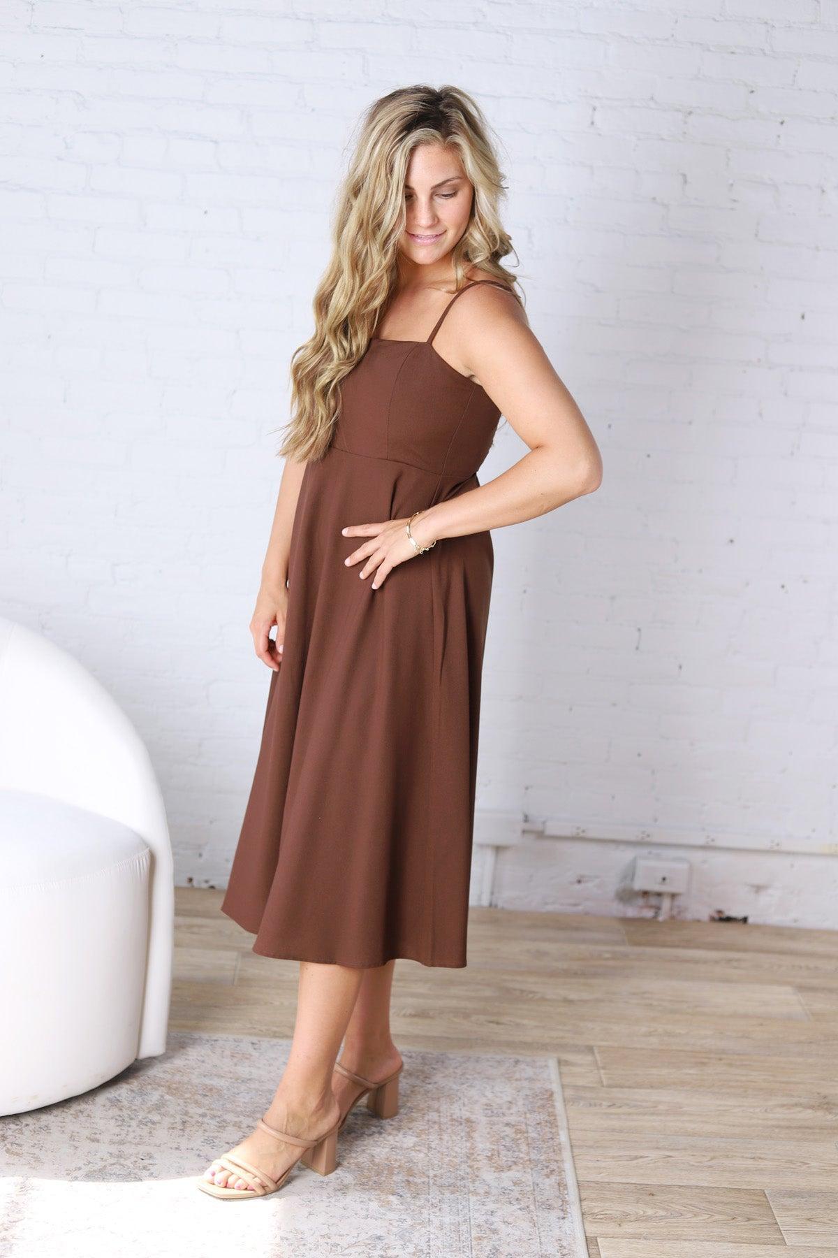 Daphne Linen Flared Midi Dress - Brown
