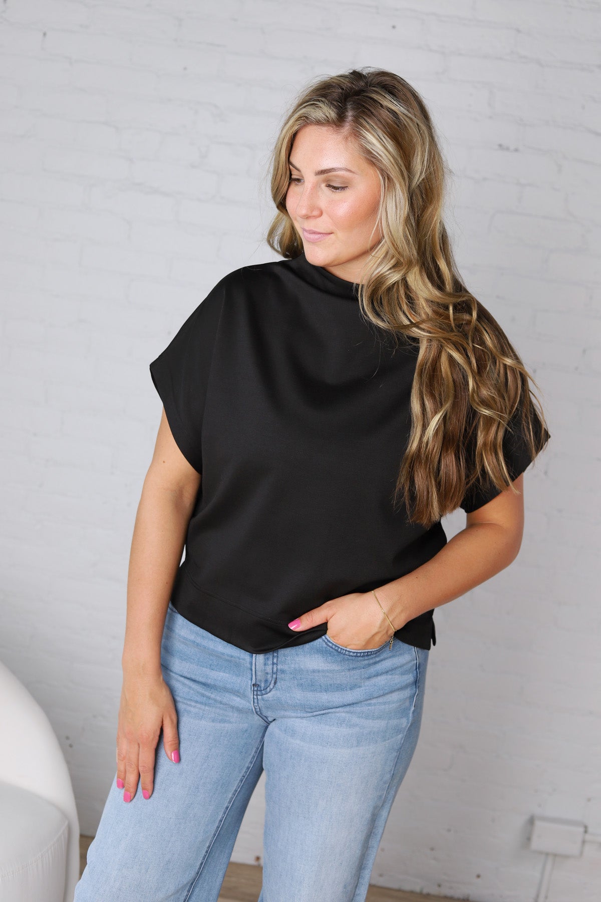 Dara Mock Neck Drape Top - Black