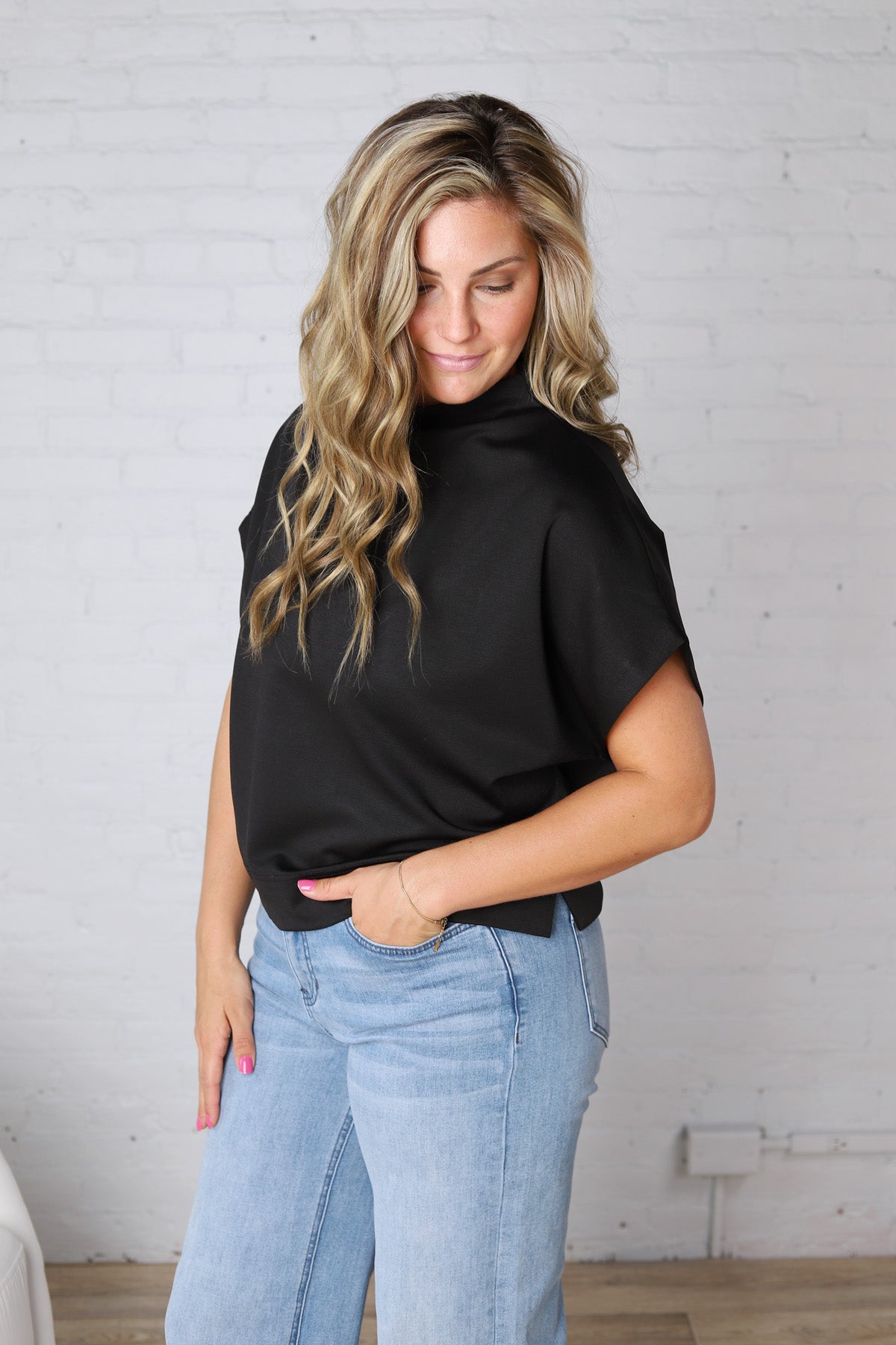 Dara Mock Neck Drape Top - Black