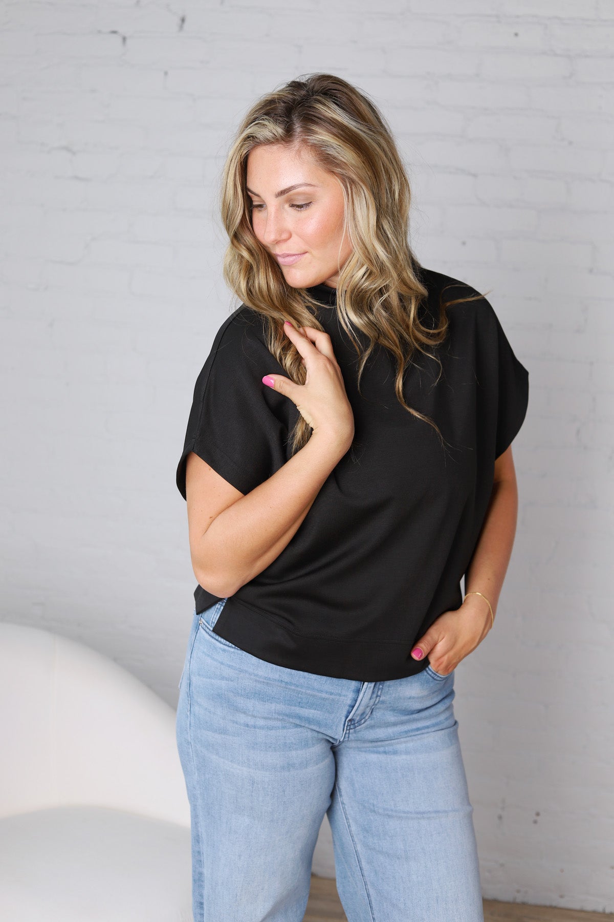 Dara Mock Neck Drape Top - Black