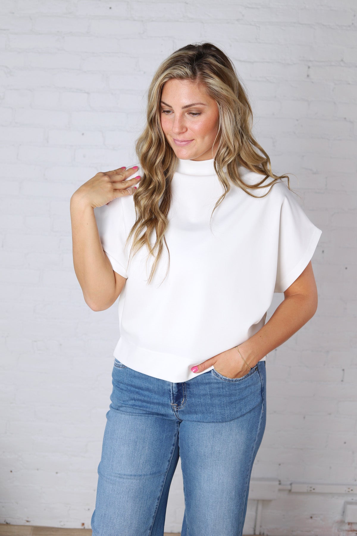 Dara Mock Neck Drape Top - White