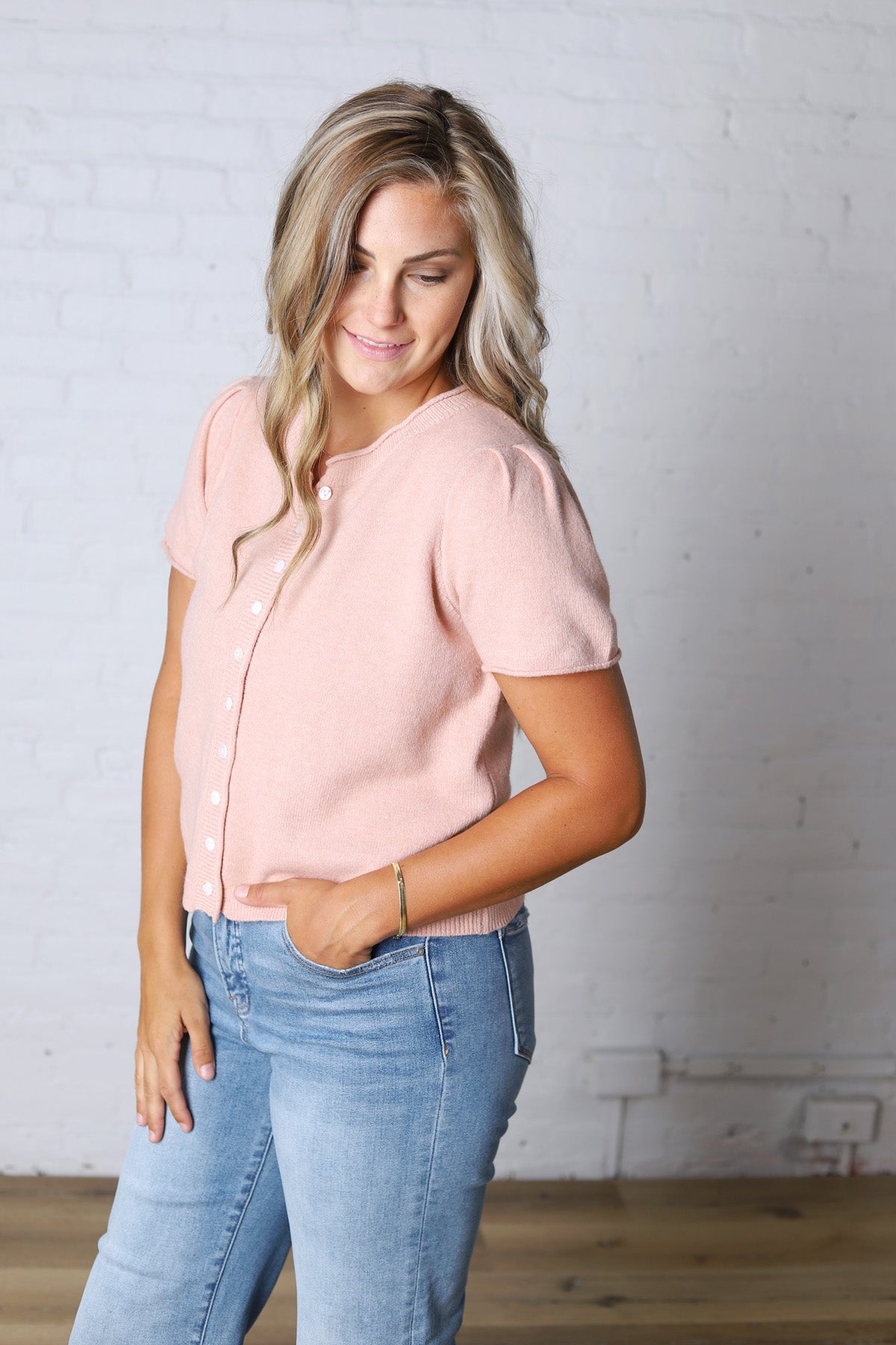 Darcy Short Sleeve Sweater Cardigan - Coral Peach