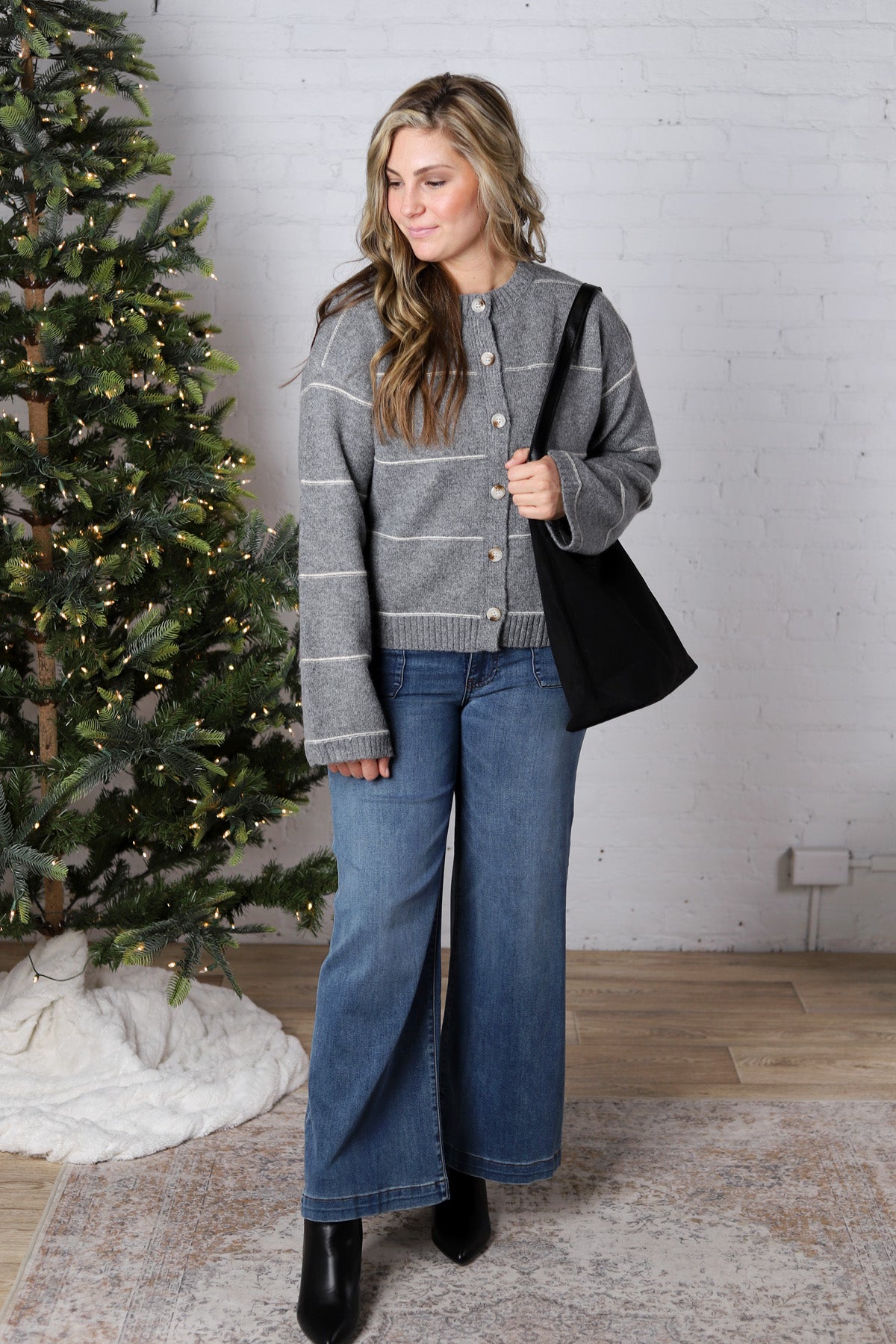 Daria Button Front Striped Cardigan - Grey