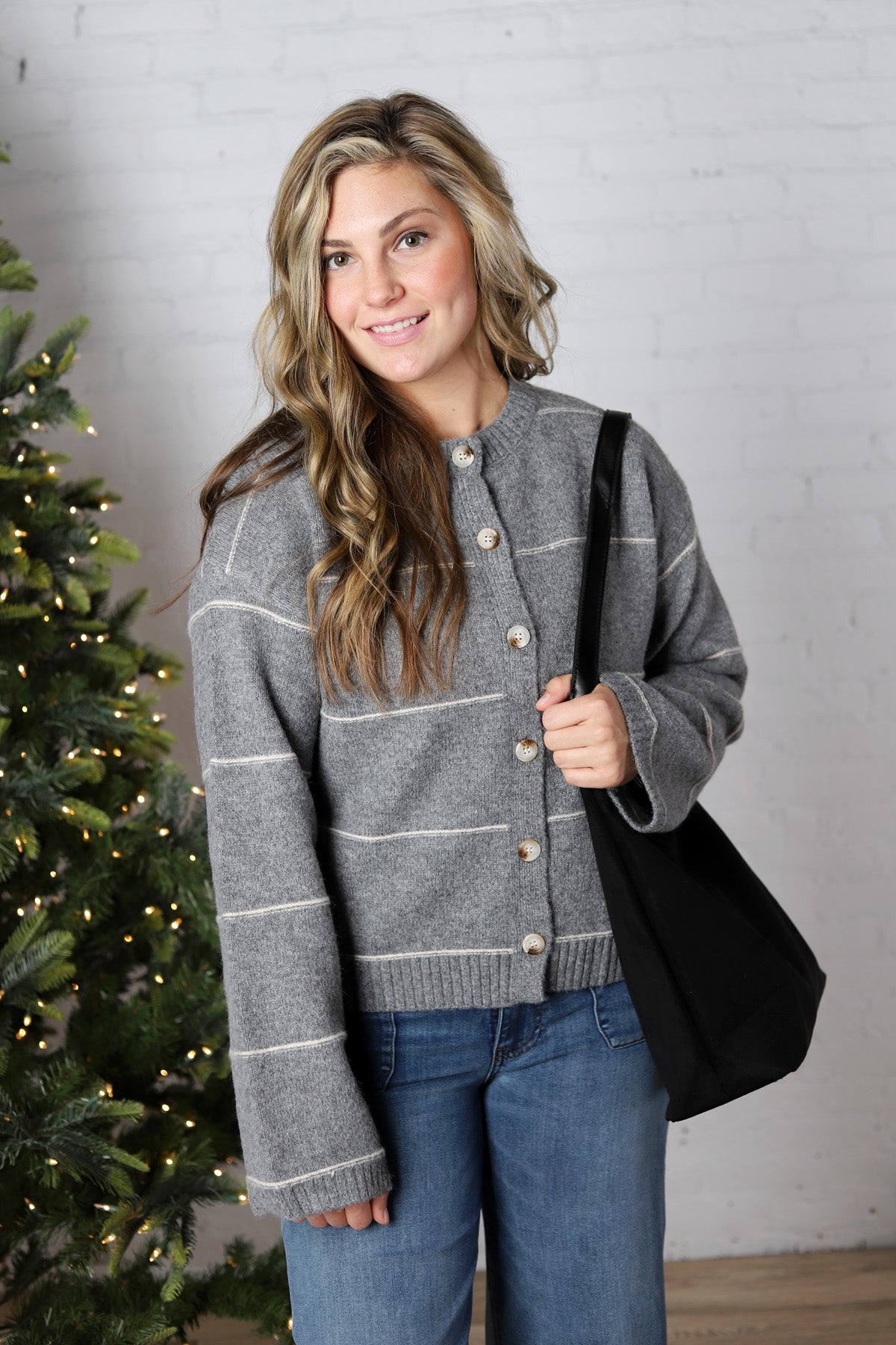 Daria Button Front Striped Cardigan - Grey