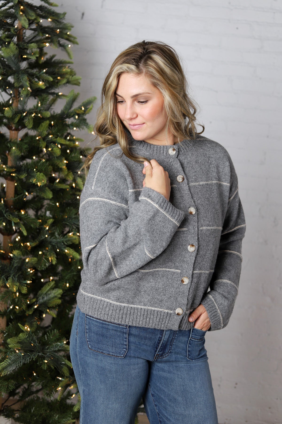 Daria Button Front Striped Cardigan - Grey