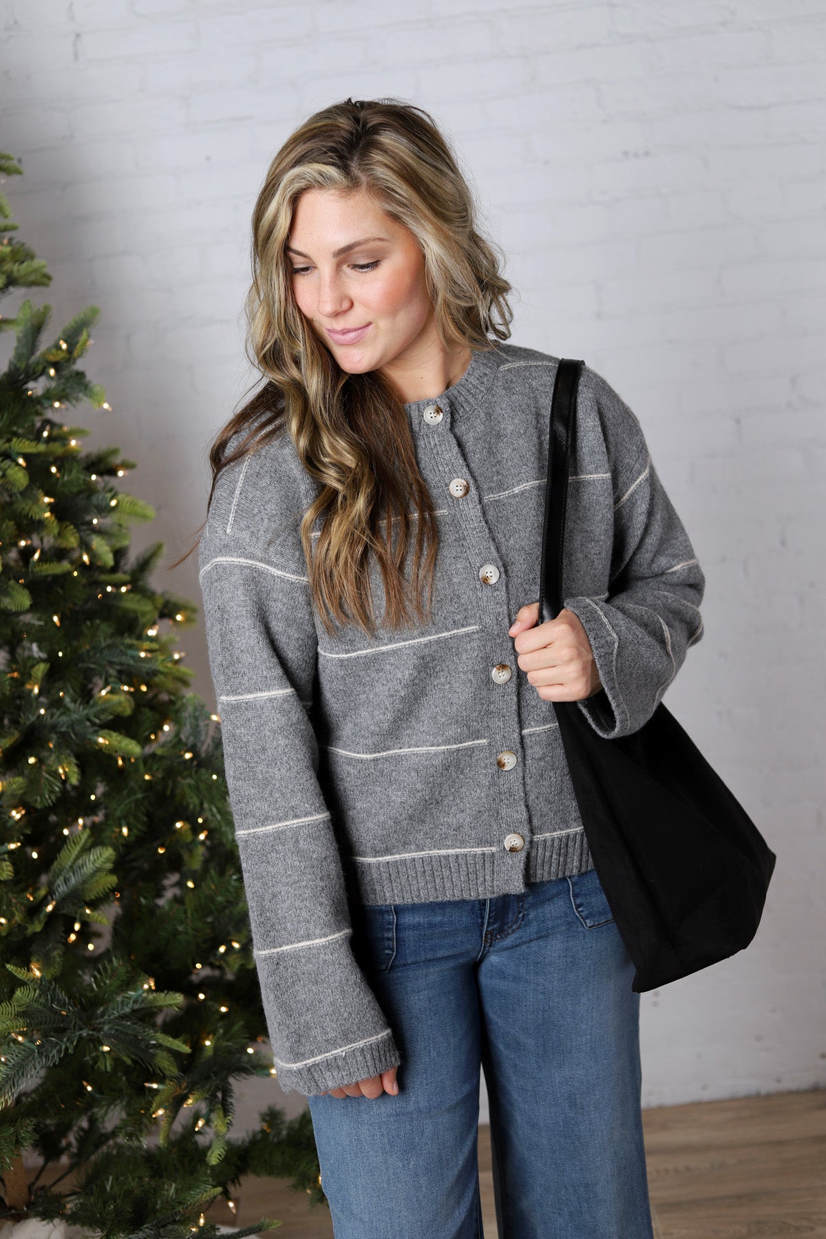 Daria Button Front Striped Cardigan - Grey