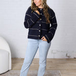 Daria Button Front Striped Cardigan - Navy
