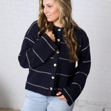 Daria Button Front Striped Cardigan - Navy