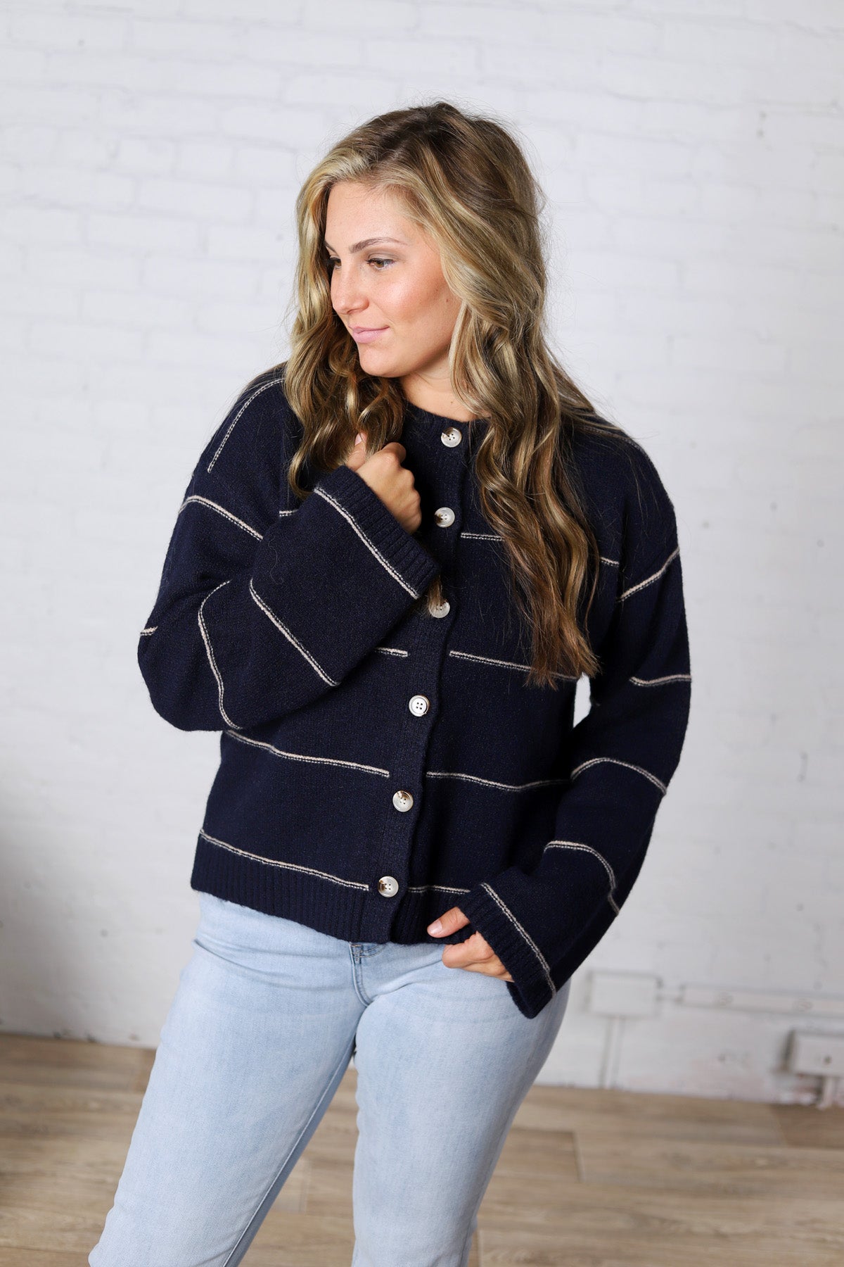 Daria Button Front Striped Cardigan - Navy