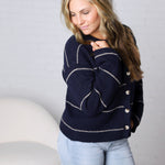 Daria Button Front Striped Cardigan - Navy