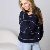 Daria Button Front Striped Cardigan - Navy